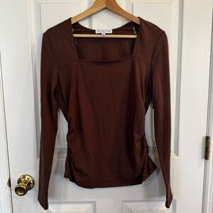 Dylan Ryan NYC Brown Square Neck Ruched Long Sleeve Stretch Top Size Large NWT